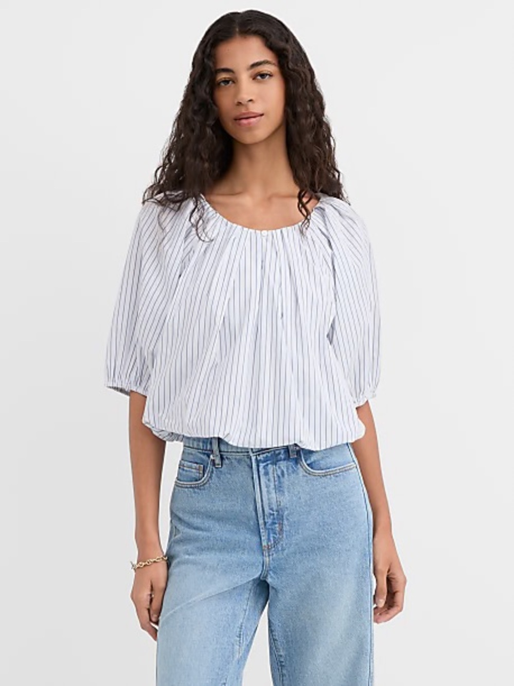 LOFT Petite Blue Stripe Off Shoulder Peasant Blouse Puff Sleeve SP